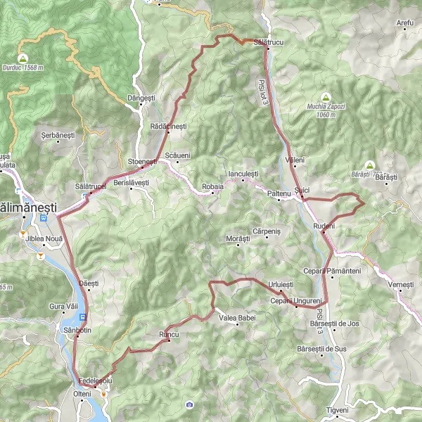 Map miniature of "The Runcu Gravel Adventure" cycling inspiration in Sud-Vest Oltenia, Romania. Generated by Tarmacs.app cycling route planner