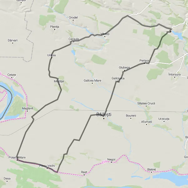 Map miniature of "Road Cycling Adventure" cycling inspiration in Sud-Vest Oltenia, Romania. Generated by Tarmacs.app cycling route planner