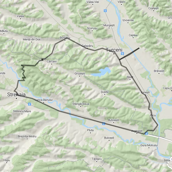 Map miniature of "Road Cycling Route from Strehaia to Borăscu" cycling inspiration in Sud-Vest Oltenia, Romania. Generated by Tarmacs.app cycling route planner
