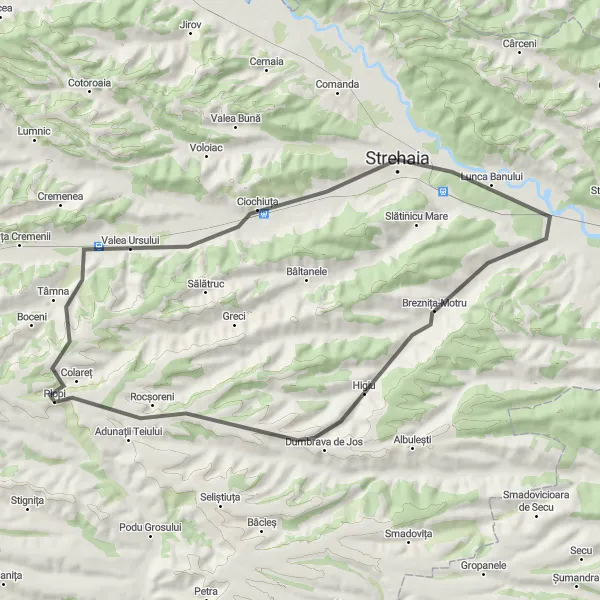 Map miniature of "Strehaia Loop" cycling inspiration in Sud-Vest Oltenia, Romania. Generated by Tarmacs.app cycling route planner