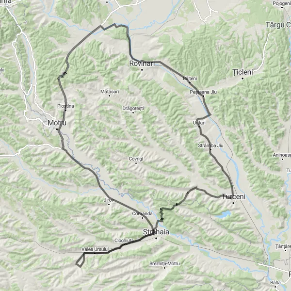 Map miniature of "Roșiuța Adventure" cycling inspiration in Sud-Vest Oltenia, Romania. Generated by Tarmacs.app cycling route planner