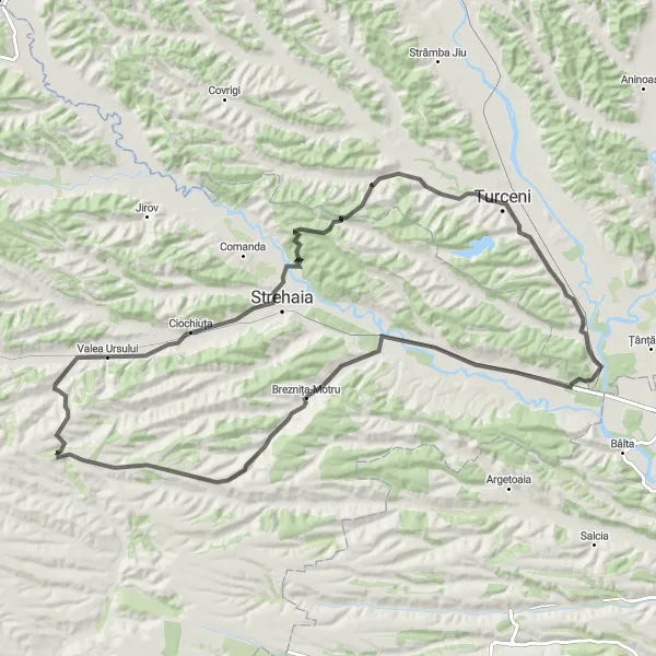 Map miniature of "Strehaia Escape" cycling inspiration in Sud-Vest Oltenia, Romania. Generated by Tarmacs.app cycling route planner