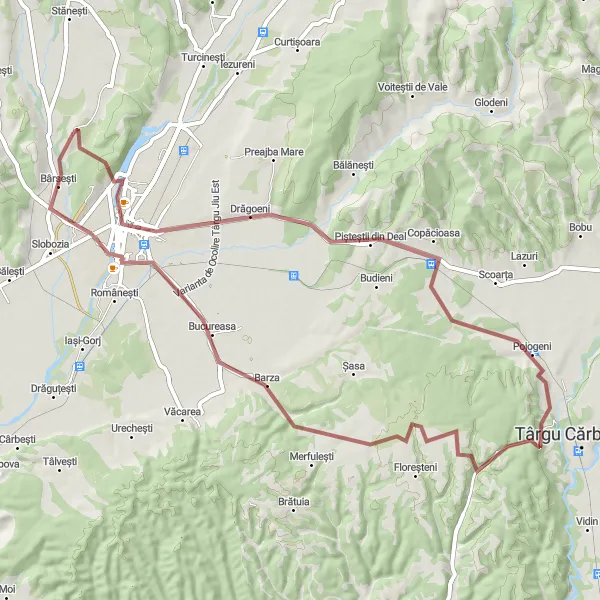 Map miniature of "The Pișteștii Adventure" cycling inspiration in Sud-Vest Oltenia, Romania. Generated by Tarmacs.app cycling route planner