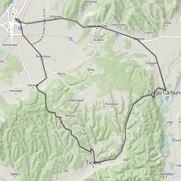 Map miniature of "Castles and Coal Mines" cycling inspiration in Sud-Vest Oltenia, Romania. Generated by Tarmacs.app cycling route planner