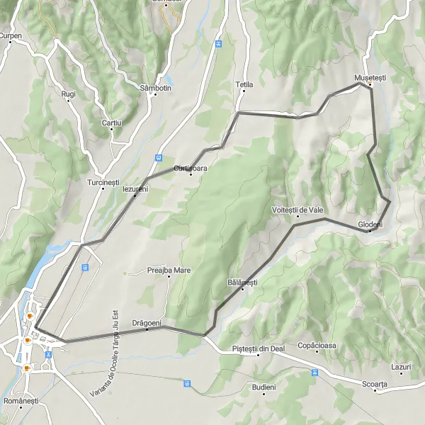 Map miniature of "Hidden Gems" cycling inspiration in Sud-Vest Oltenia, Romania. Generated by Tarmacs.app cycling route planner