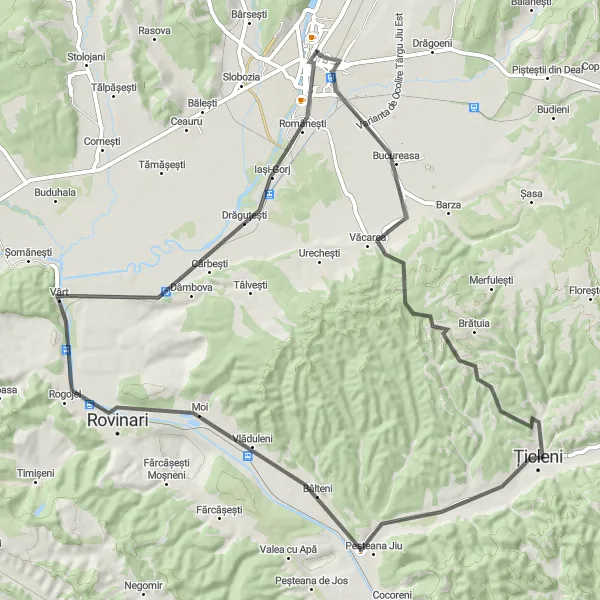 Map miniature of "The Rovinari Circuit" cycling inspiration in Sud-Vest Oltenia, Romania. Generated by Tarmacs.app cycling route planner