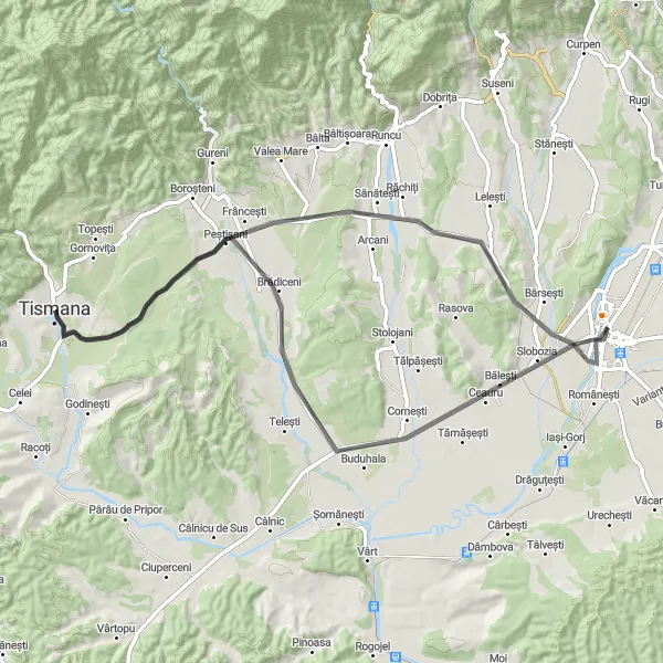 Map miniature of "Discover Tismana" cycling inspiration in Sud-Vest Oltenia, Romania. Generated by Tarmacs.app cycling route planner