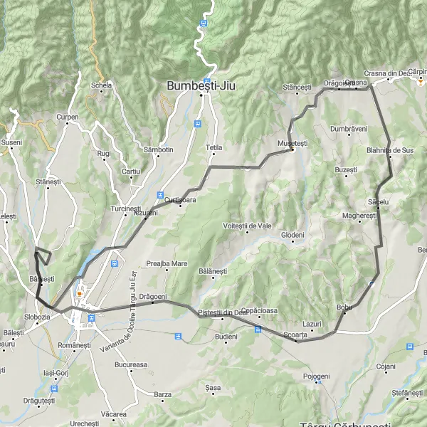 Map miniature of "Ursați Loop" cycling inspiration in Sud-Vest Oltenia, Romania. Generated by Tarmacs.app cycling route planner