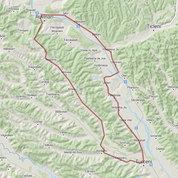 Map miniature of "Turceni Gravel Adventure" cycling inspiration in Sud-Vest Oltenia, Romania. Generated by Tarmacs.app cycling route planner