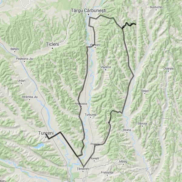 Map miniature of "Turceni to Capu Dealului Adventure" cycling inspiration in Sud-Vest Oltenia, Romania. Generated by Tarmacs.app cycling route planner