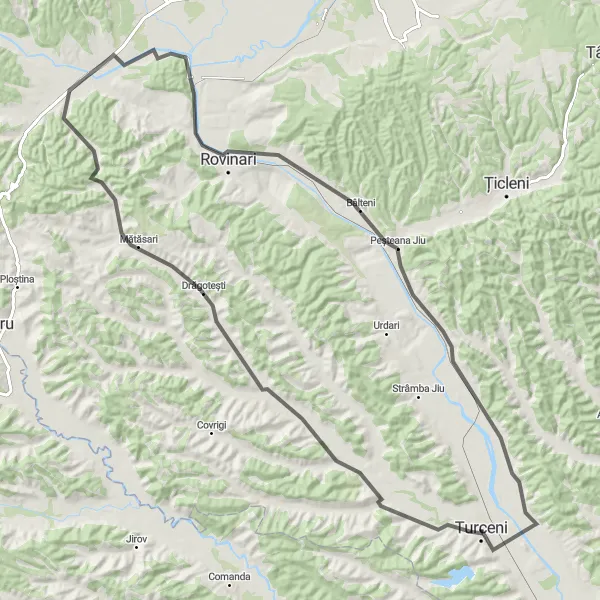 Map miniature of "Turceni to Pieptani Loop" cycling inspiration in Sud-Vest Oltenia, Romania. Generated by Tarmacs.app cycling route planner