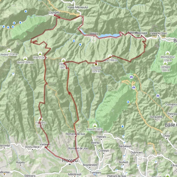 Map miniature of "Vârful lui Roman Loop" cycling inspiration in Sud-Vest Oltenia, Romania. Generated by Tarmacs.app cycling route planner