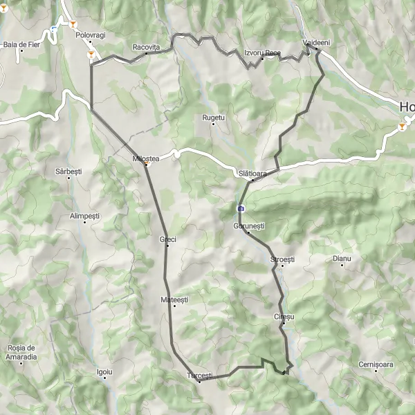 Map miniature of "The Road Explorer" cycling inspiration in Sud-Vest Oltenia, Romania. Generated by Tarmacs.app cycling route planner