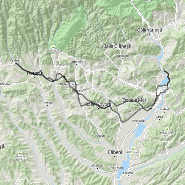 Map miniature of "Panoramic Loop from Vaideeni" cycling inspiration in Sud-Vest Oltenia, Romania. Generated by Tarmacs.app cycling route planner