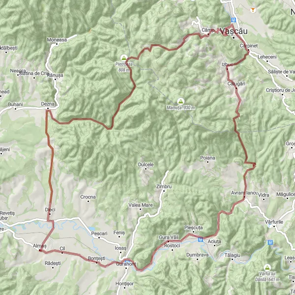 Map miniature of "Pietroasa Adventure" cycling inspiration in Vest, Romania. Generated by Tarmacs.app cycling route planner