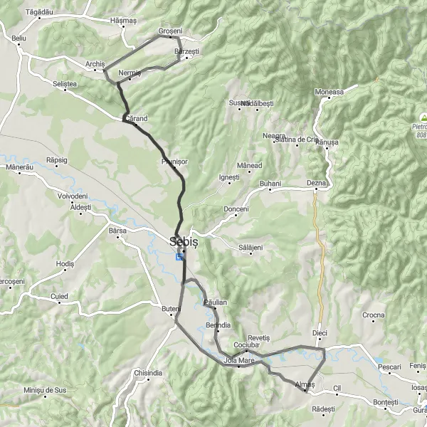 Map miniature of "Almaș Explorer" cycling inspiration in Vest, Romania. Generated by Tarmacs.app cycling route planner