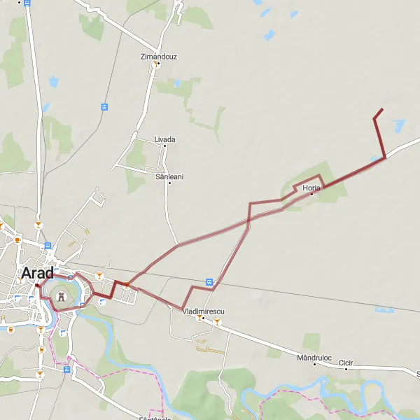 Map miniature of "Arad Countryside Tour" cycling inspiration in Vest, Romania. Generated by Tarmacs.app cycling route planner