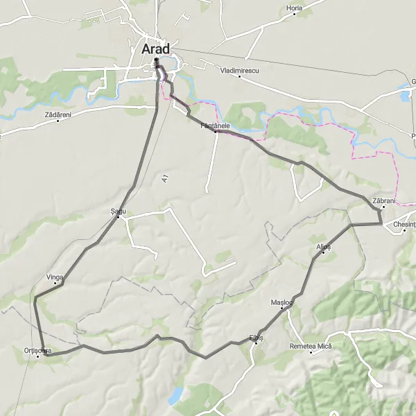 Map miniature of "Arad Mountain Challenge" cycling inspiration in Vest, Romania. Generated by Tarmacs.app cycling route planner