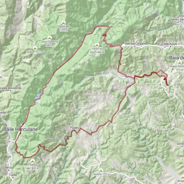 Map miniature of "Romania's Scenic Gravel Adventure" cycling inspiration in Vest, Romania. Generated by Tarmacs.app cycling route planner