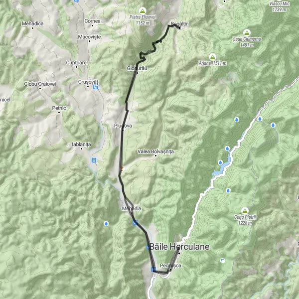 Map miniature of "Herculane - Plugova - Mehadia Loop" cycling inspiration in Vest, Romania. Generated by Tarmacs.app cycling route planner