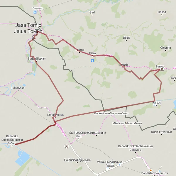Map miniature of "Exploring Markovicevo and Banatska Dubica" cycling inspiration in Vest, Romania. Generated by Tarmacs.app cycling route planner