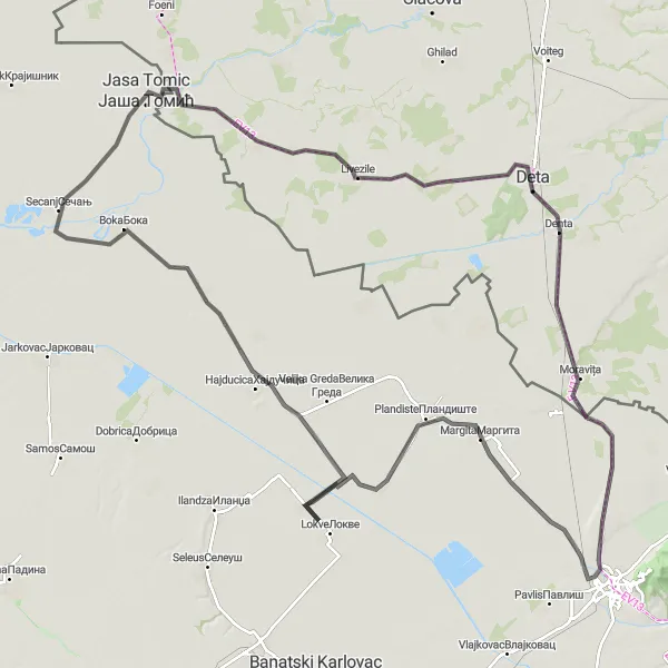 Map miniature of "Vršac and Jasa Tomic Loop" cycling inspiration in Vest, Romania. Generated by Tarmacs.app cycling route planner