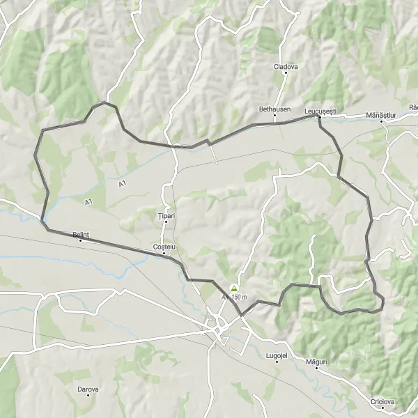 Map miniature of "Jurești Circuit" cycling inspiration in Vest, Romania. Generated by Tarmacs.app cycling route planner