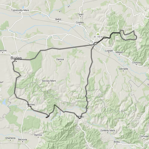 Map miniature of "Bârna to Jurești Road Route" cycling inspiration in Vest, Romania. Generated by Tarmacs.app cycling route planner