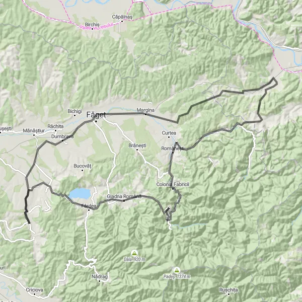 Map miniature of "Bârna to Săceni Road Route" cycling inspiration in Vest, Romania. Generated by Tarmacs.app cycling route planner