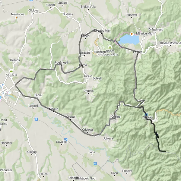 Map miniature of "Road to Măgura Surduc" cycling inspiration in Vest, Romania. Generated by Tarmacs.app cycling route planner
