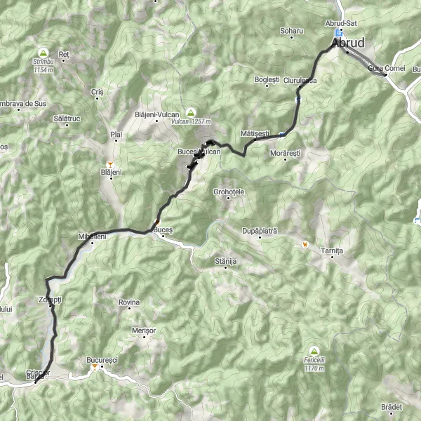 Map miniature of "Buceș-Mihăileni Road Loop" cycling inspiration in Vest, Romania. Generated by Tarmacs.app cycling route planner