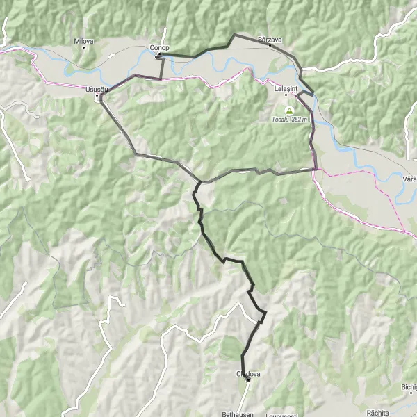 Map miniature of "Rural Road Adventure" cycling inspiration in Vest, Romania. Generated by Tarmacs.app cycling route planner