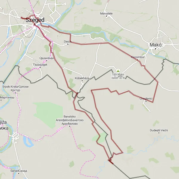 Map miniature of "The Majdan - Szeged - Deszk - Kiszombor Gravel Adventure" cycling inspiration in Vest, Romania. Generated by Tarmacs.app cycling route planner