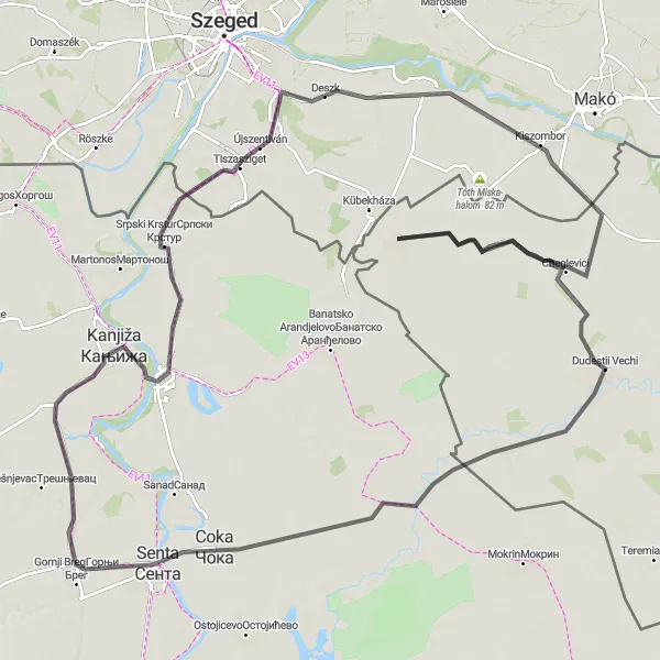 Map miniature of "The Serene Road Tour of Coka, Vojvoda Zimonjic, Srpski Krstur, and Deszk" cycling inspiration in Vest, Romania. Generated by Tarmacs.app cycling route planner