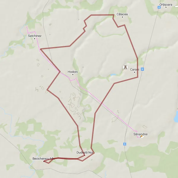 Map miniature of "The Hidden Treasures of Carani" cycling inspiration in Vest, Romania. Generated by Tarmacs.app cycling route planner