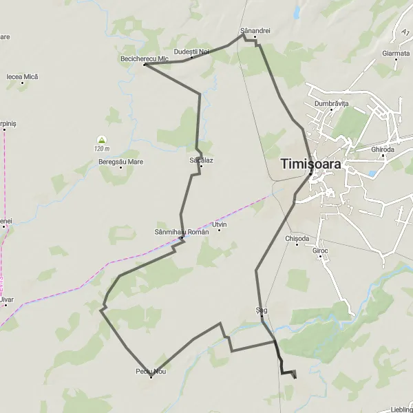 Map miniature of "The Timișoara Adventure" cycling inspiration in Vest, Romania. Generated by Tarmacs.app cycling route planner