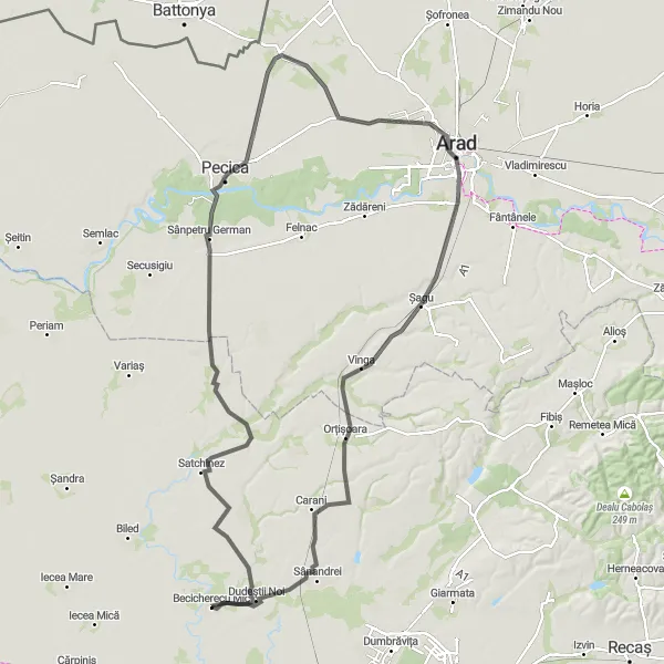 Map miniature of "Arad Grand Tour" cycling inspiration in Vest, Romania. Generated by Tarmacs.app cycling route planner