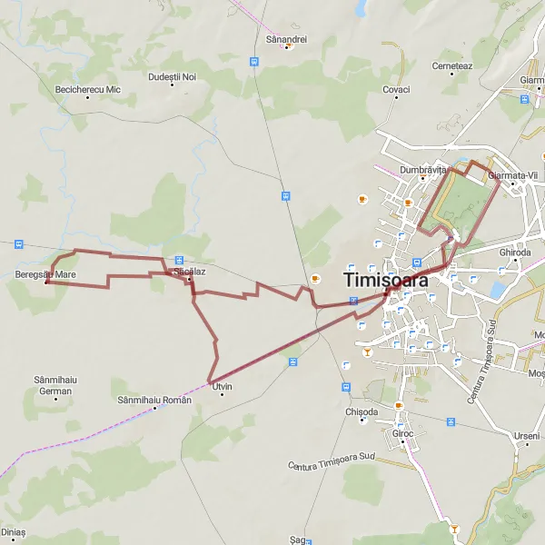 Map miniature of "Exploring Timișoara's Surroundings" cycling inspiration in Vest, Romania. Generated by Tarmacs.app cycling route planner