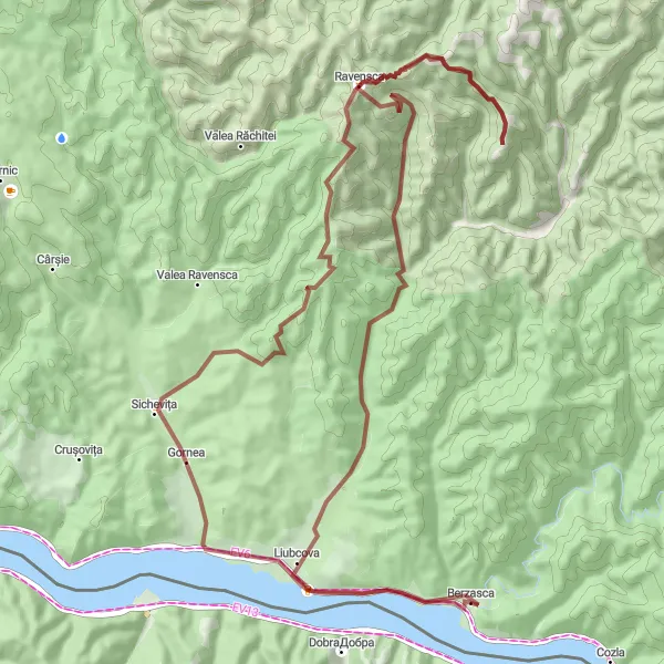 Map miniature of "Berzasca Gravel Loop" cycling inspiration in Vest, Romania. Generated by Tarmacs.app cycling route planner