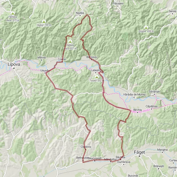 Map miniature of "Exploring Gravel Roads around Bethausen" cycling inspiration in Vest, Romania. Generated by Tarmacs.app cycling route planner