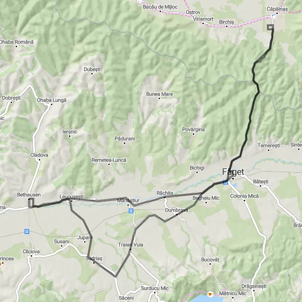 Map miniature of "Jupani to Leucușești Road Adventure" cycling inspiration in Vest, Romania. Generated by Tarmacs.app cycling route planner