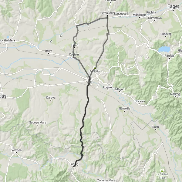 Map miniature of "The Lugoj Loop" cycling inspiration in Vest, Romania. Generated by Tarmacs.app cycling route planner