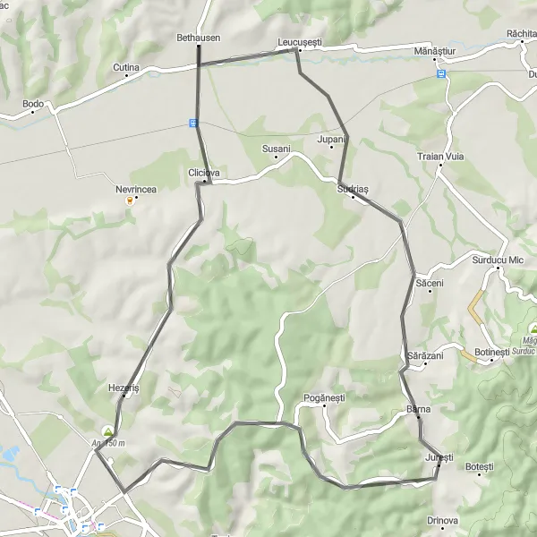 Map miniature of "Leucușești Loop Road Trip" cycling inspiration in Vest, Romania. Generated by Tarmacs.app cycling route planner
