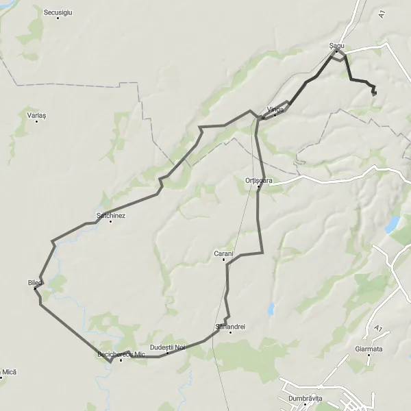 Map miniature of "Vinga and Beyond" cycling inspiration in Vest, Romania. Generated by Tarmacs.app cycling route planner