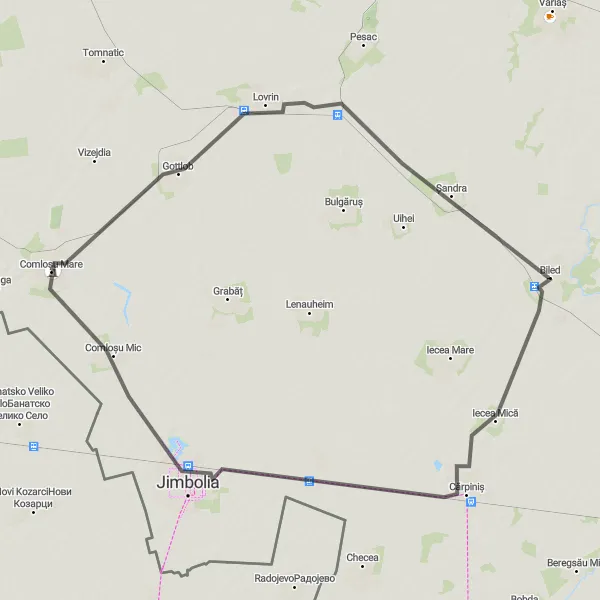 Map miniature of "Journey through Jimbolia" cycling inspiration in Vest, Romania. Generated by Tarmacs.app cycling route planner