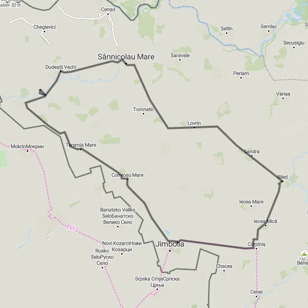 Map miniature of "Through Rural Banat" cycling inspiration in Vest, Romania. Generated by Tarmacs.app cycling route planner