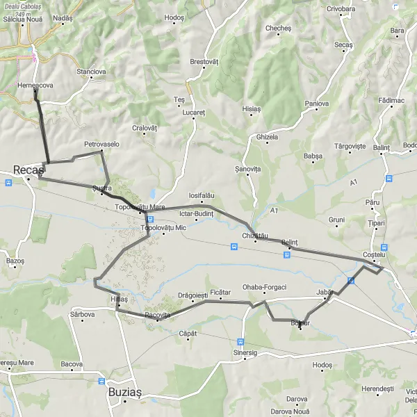 Map miniature of "Recaș Road Adventure" cycling inspiration in Vest, Romania. Generated by Tarmacs.app cycling route planner