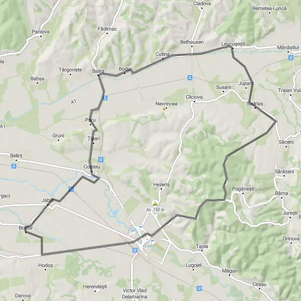Map miniature of "Boldur to Lugoj Road Route" cycling inspiration in Vest, Romania. Generated by Tarmacs.app cycling route planner
