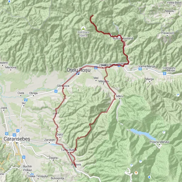 Map miniature of "Borlova Gravel Expedition" cycling inspiration in Vest, Romania. Generated by Tarmacs.app cycling route planner