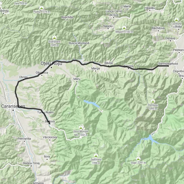 Map miniature of "Borlova Road Adventure" cycling inspiration in Vest, Romania. Generated by Tarmacs.app cycling route planner